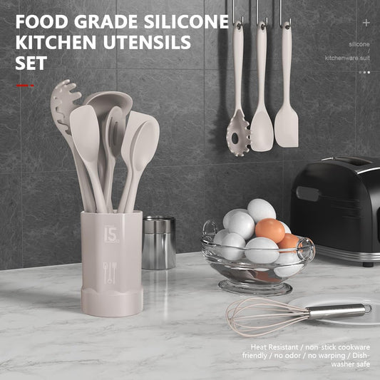 AOTHOD Silicone Cooking Utensils Set - 446°F Heat Resistant Kitchen Utensils,Turner Tongs,Spatula,Spoon,Brush,Whisk,Kitchen Utensil Gadgets Tools Set for Nonstick Cookware,Dishwasher Safe (BPA Free)