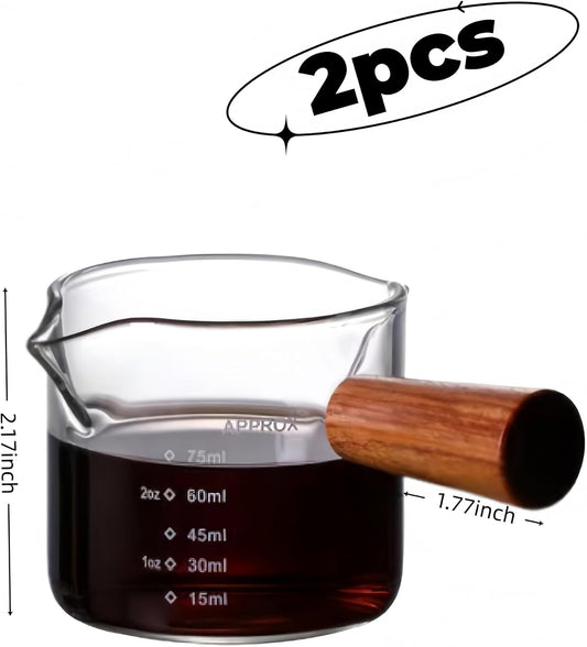 2 Piece Set 3oz Wooden Handle Double Mouthed Espresso Shot Glass, Espresso Measuring Cup, Small Transparent Glass Espresso Accessories for Machine, Milk Frother