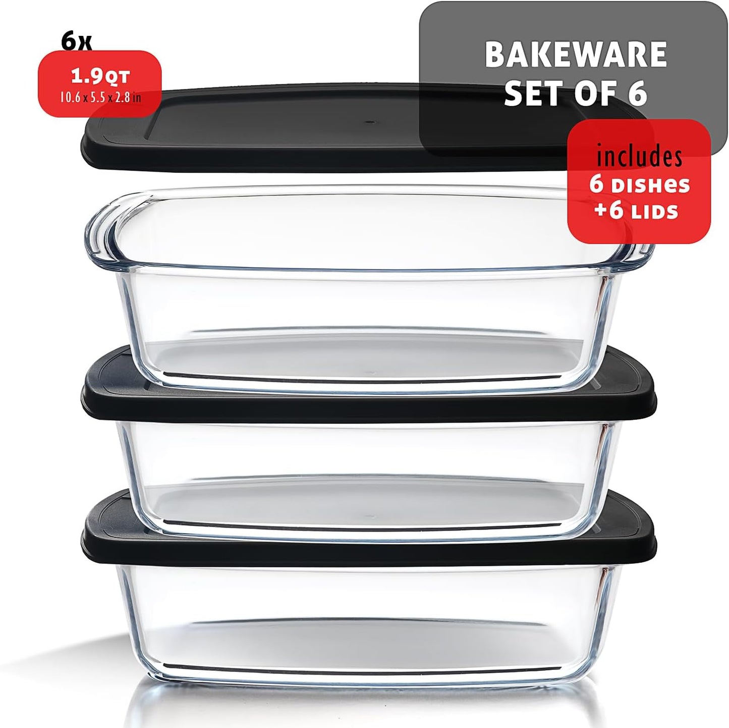 EATEX Glass Bread Pans for Homemade Bread Baking, 1.9 Quart Deep Rectangular Glass Food Storage Containers with Lids, 3 Bread Loaf Pans 3 Airtight Lids Black Microwave Oven & Freezer Safe