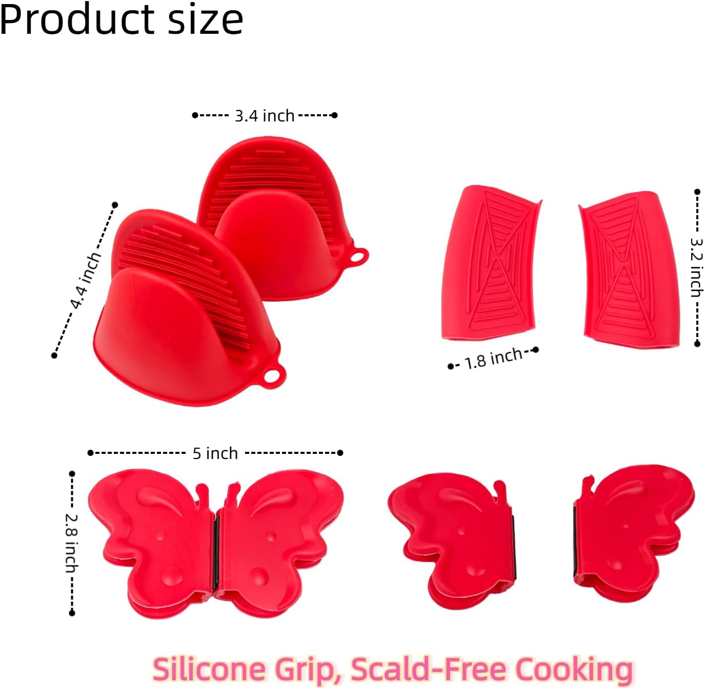 Silicone Heat Resistant Mini Oven Mitts Set – 2 Sets (6-Pack), Pot Handle Covers, Microwave Pinch Mitts & Butterfly-Style Hot Holders, Anti-Scalding Kitchen Cooking & Baking, Red