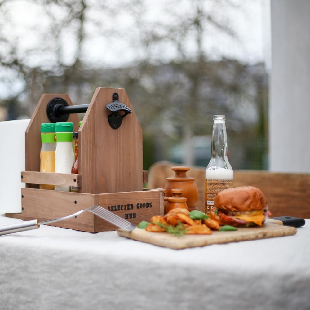 Wooden Grill Caddy Organizer - Versatile BBQ Caddy for Outdoor grill - Portable rustic wood condiment and paper towel holder with bottle opener for picnic and grilling
