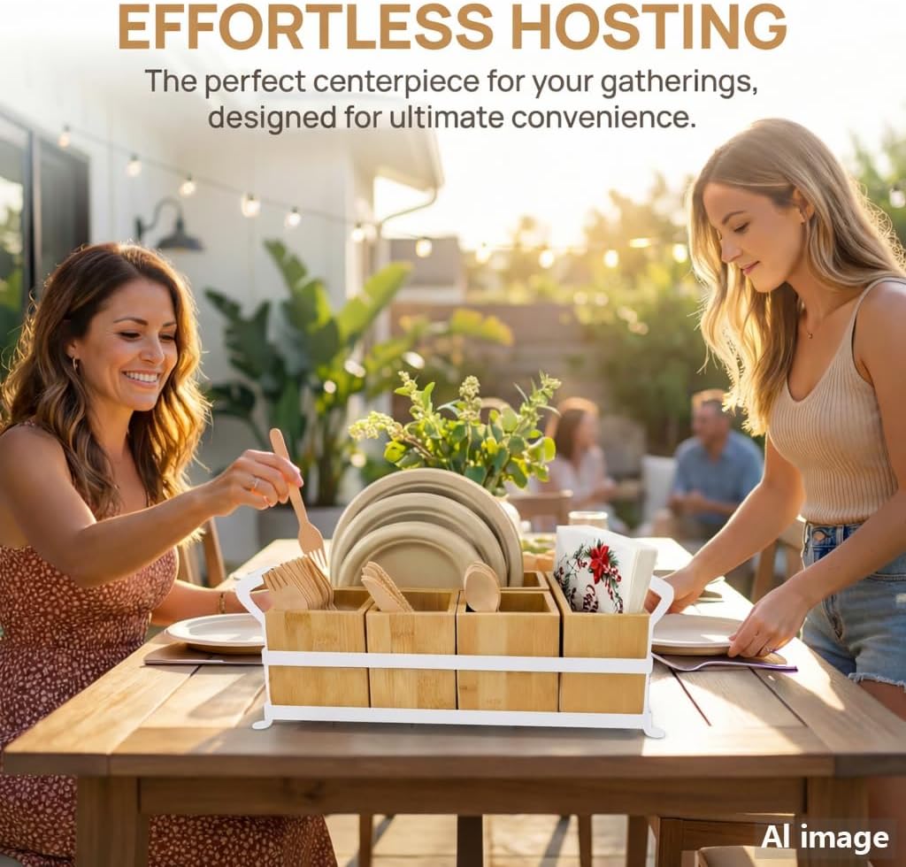 Bamboo Utensil Caddy with Handle - 5 Compartment Silverware Holder for Party & Kitchen Countertop - Removable Wooden Flatware Organizer for Picnic, BBQ, Buffet, RV & Outdoor Dining