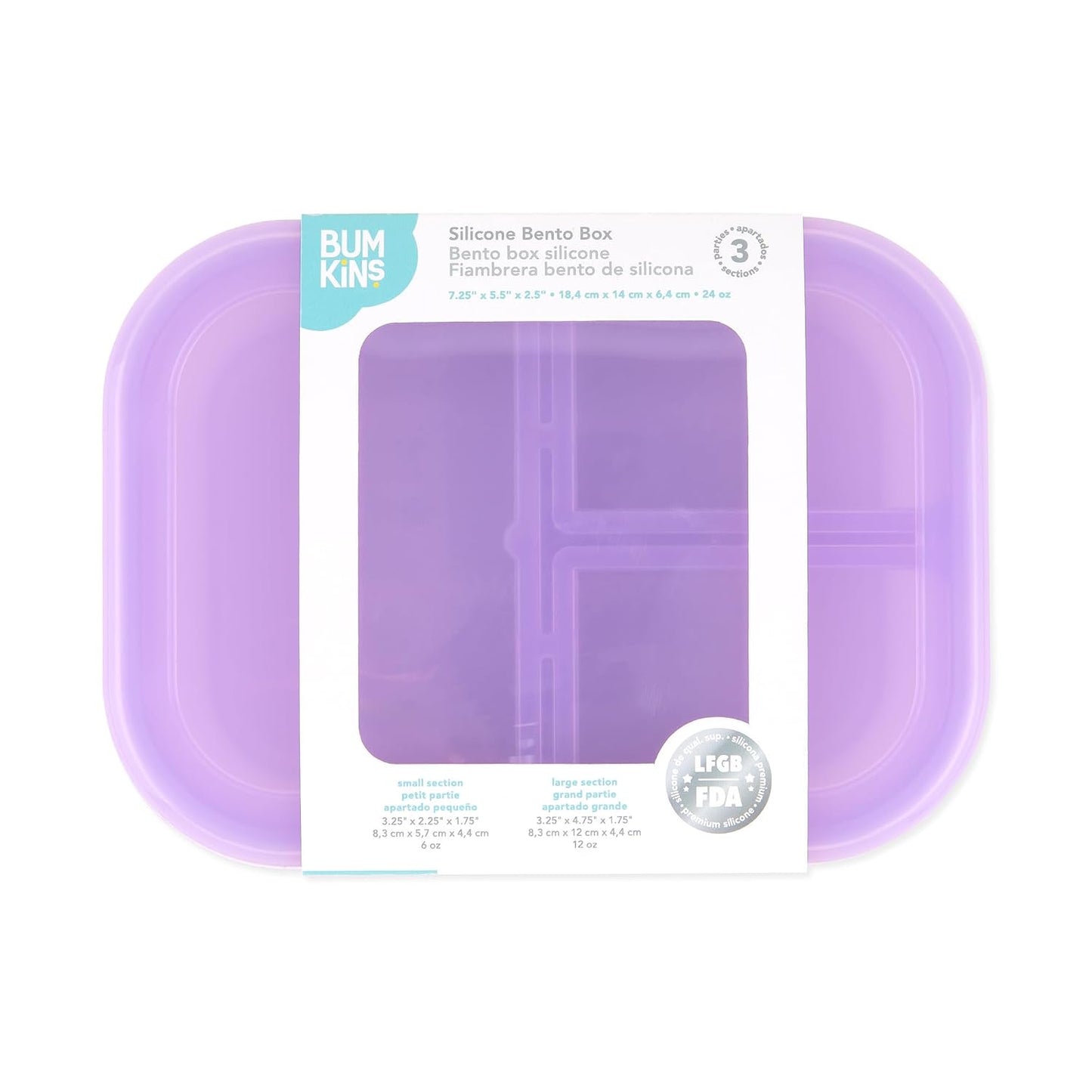 Bumkins Snack/Lunch Bento Box for Kids and Adults, 3 Compartment Container, Leak Proof Lid, for Portioning, Large Section Can Hold Sandwich, Food-Safe LFGB Platinum Silicone, Microwave-Safe, Pink