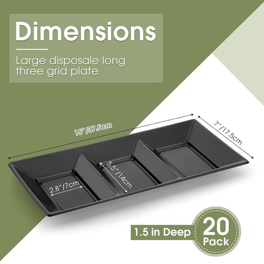 Ziliny 20pcs Black 3 Section Serving Tray Bulk Serving Dish Compartment Appetizer Tray Plastic Dessert Platter Divided Disposable Plate for a Tini Bit Older Party