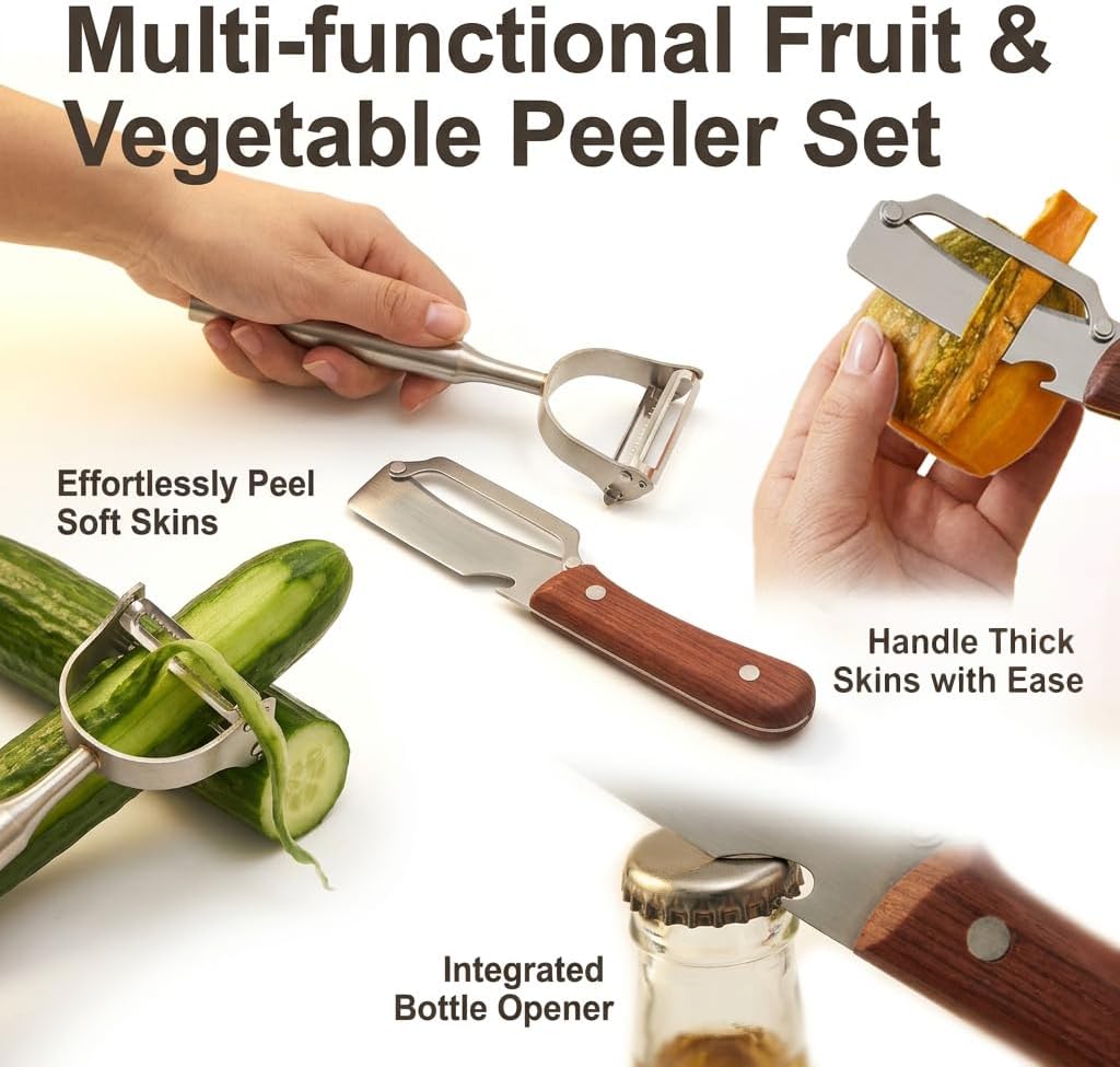 2 Pcs Multifunctional Vegetable Peeler,For Kitchen Stainless Steel Cutter Set With Wood Handle Bottle Opener Y Shaped Julienne Tool,For Potato Apple Pineapple Fruit Gadgets