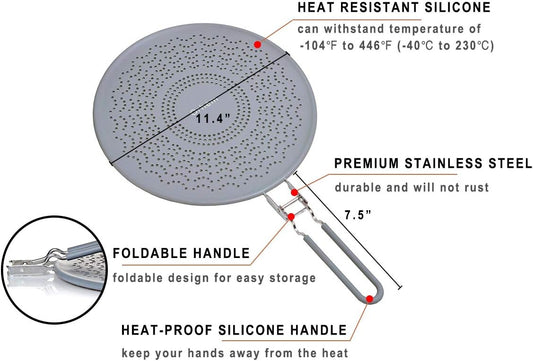 13” Silicone Splatter Screen Pan Cover with Folding Handle, Heat Insulation Cooling Mat, Strainer, Drain Board, Oil Splash Guard for Frying Pan