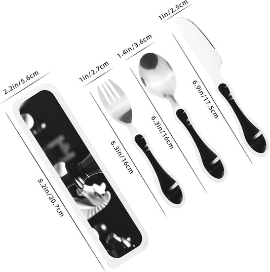 3-Piece Kids Silverware Set With Storage Case, Stainless Steel Reusable Children Safe Knife Spoon Fork Set Black White Stripes Red Rose Flowers Children Flatware Set For Kids Lunch Box