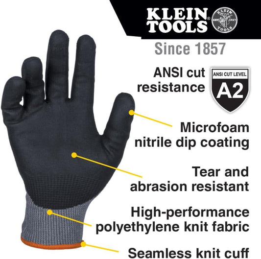 KLEIN TOOLS Work Gloves, Knit Dipped Cut Resistant ANSI A2 Nitrile Coated Gloves