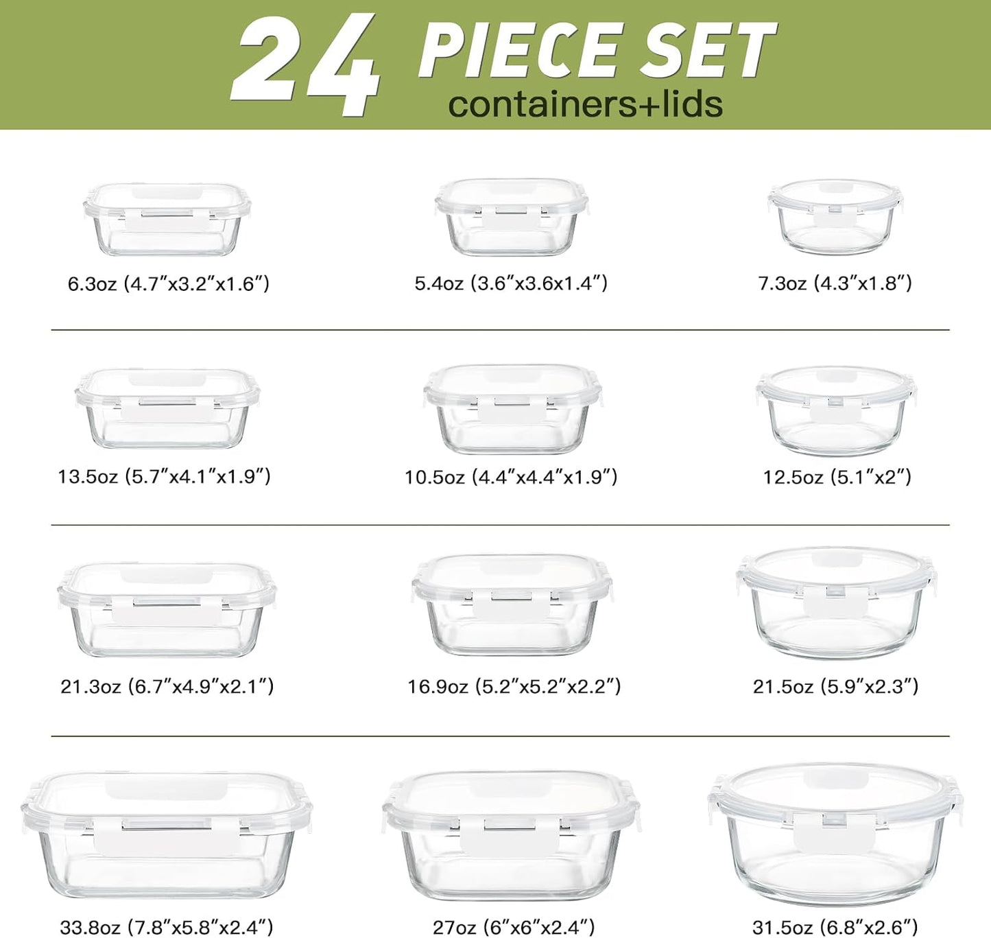 BAYZZ 24 Piece Glass Food Storage Containers with Lids, Airtight Glass Meal Prep Containers for Kitchen, BPA-Free Lunch Box, Microwave and Freezer Safe