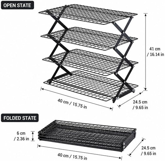 4 Tier Collapsible Cooling Rack, 3-Setting Adjustable Stackable Baking Rack, Foldable Metal Wire Cooling Stand for Cookies, Bread, Pastry, Outdoor Picnic Food Display, Baking Supplies