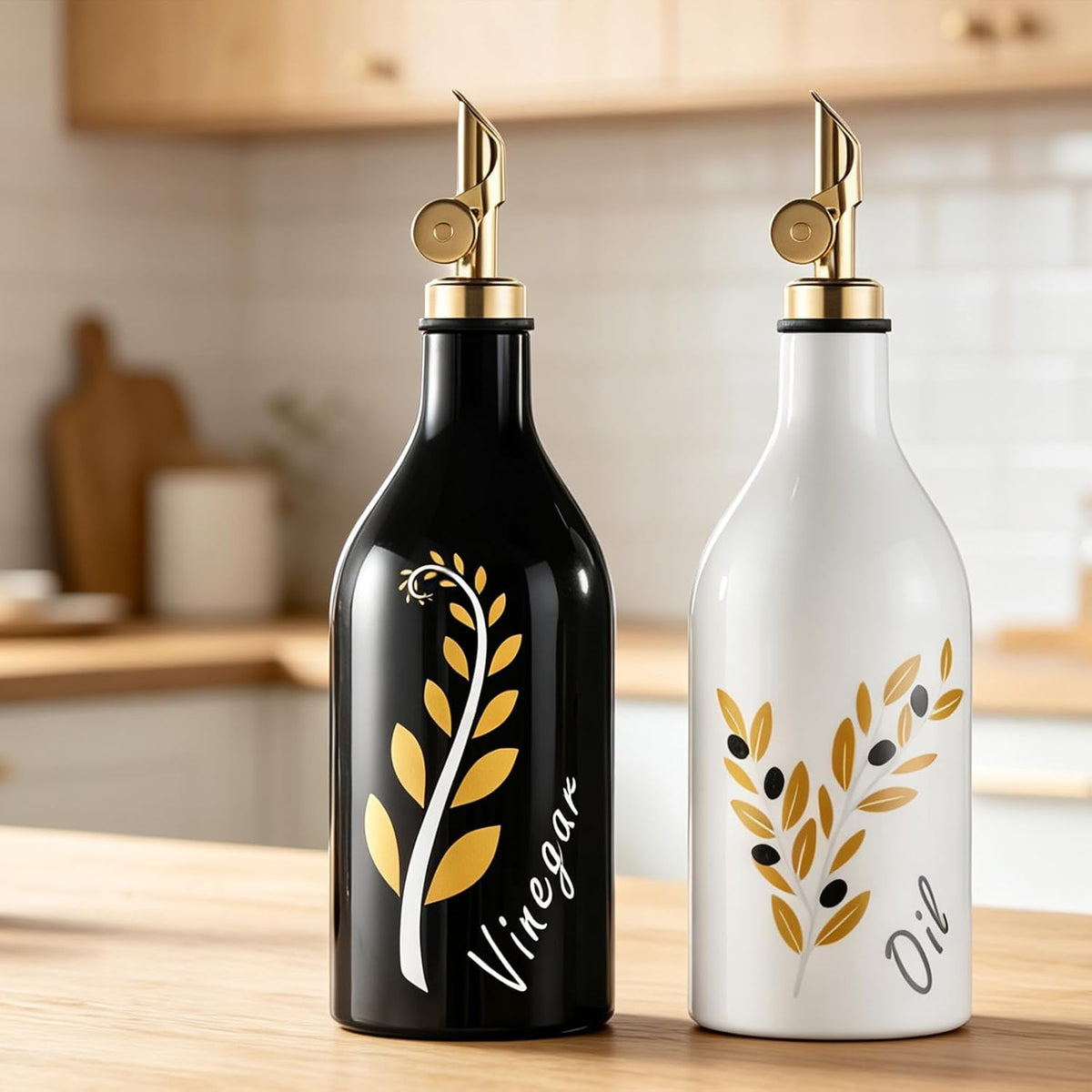 Oil and Vinegar Dispenser with Spout Set of 2, 13.5oz Olive Oil Dispenser Bottle for Kitchen Leakproof Oil Containers with Stainless Steel Pourer Suitable for Oil, Vinegar, Soy Sauce
