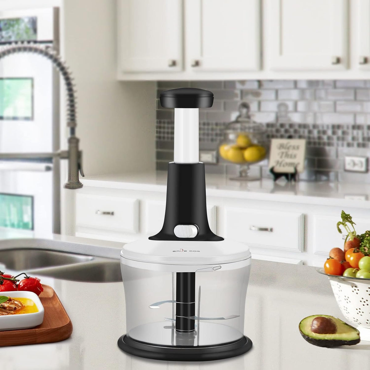 Smile mom Vegetable Chopper Food Chopper, Quick Hand Press Chopper Dicer, Pro Food Cutter, Easy to Chop Vegetables, Fruits, Herbs, Salsa, Puree, Pesto, ABS Food Grade Material 1.2L White