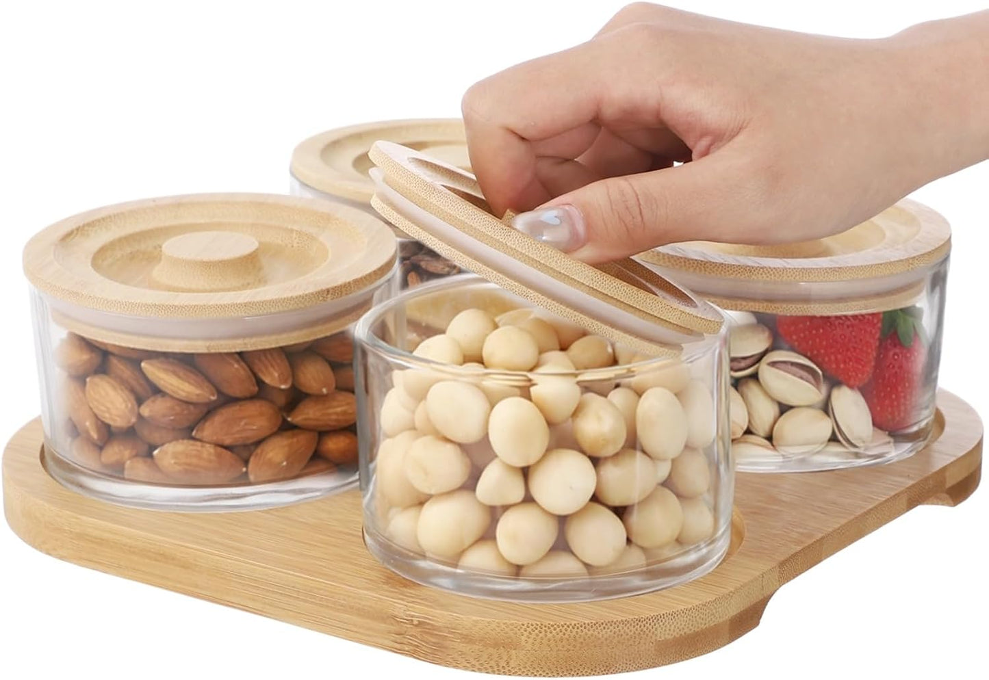 Glass Snack Serving Set with Wooden Lids and Tray, 9.1 x 9.1 in Chip and Dip Serving Platter, Small Airtight Glass Divided Dishes for Candies, Nuts, Dried Fruits, Snack, Condiments