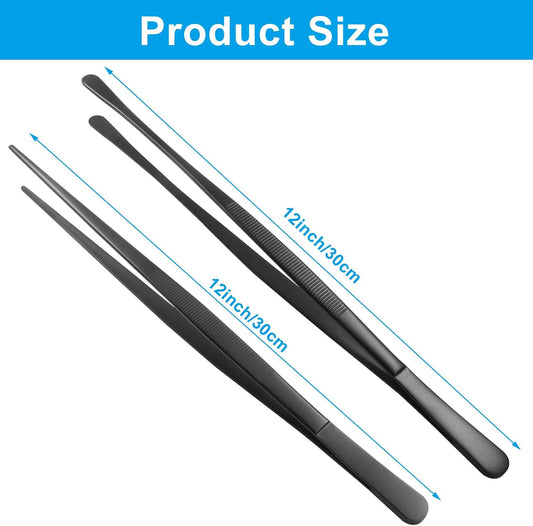 2 Pcs Stainless Steel Tweezers Tongs, 12 Inch Extra-Long Tweezers with Precision Serrated Tips for Kitchen Cooking, Baking, Garden (Rainbow)