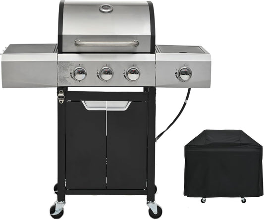 3-Burner Propane Gas Grill, 30,000 BTU Stainless Steel Outdoor BBQ Grill with Lid, Side Shelves & Wheels for Patio, Garden and Backyard Cooking