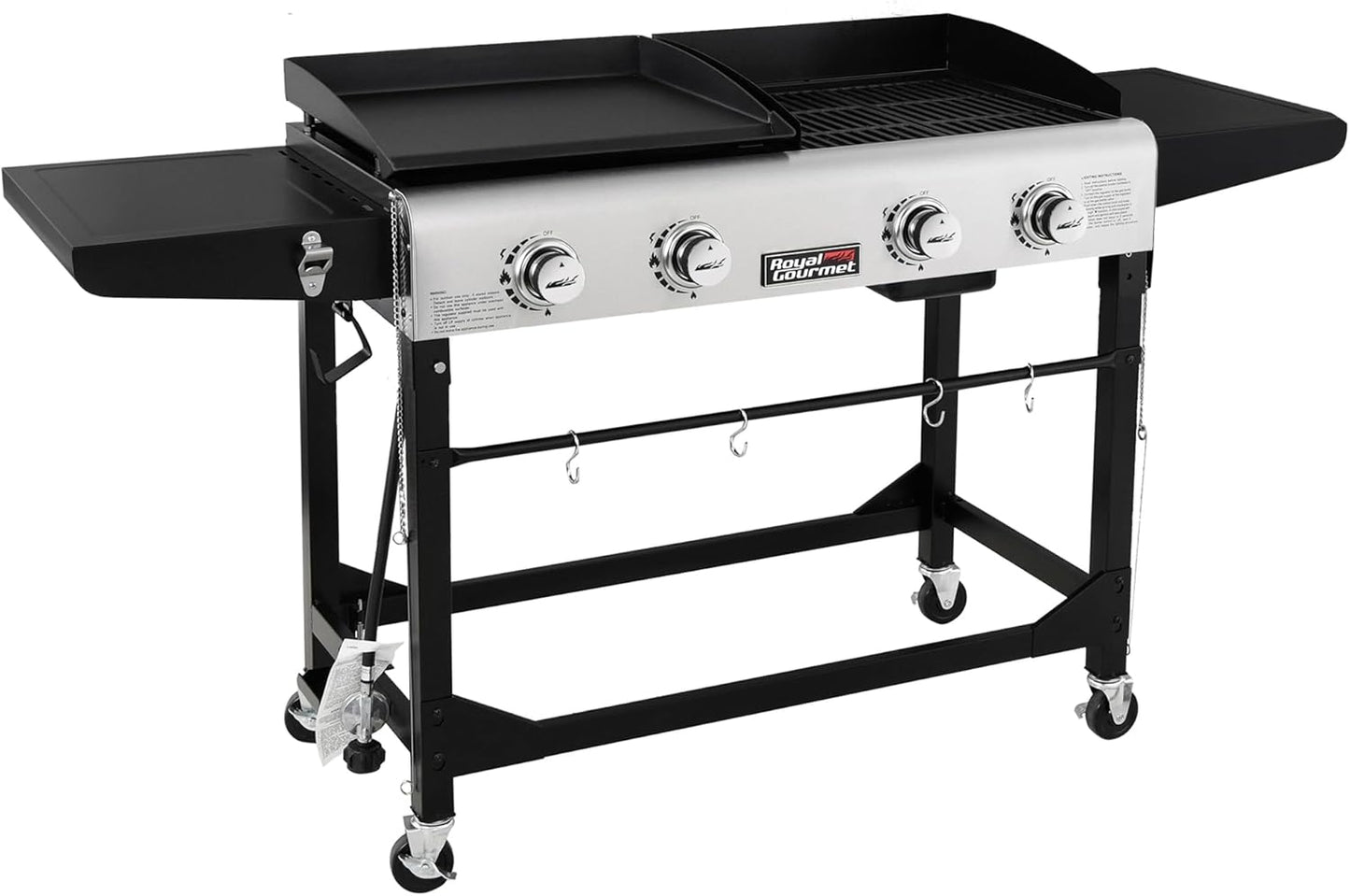 Royal Gourmet GD401C 4-Burner Propane Gas Grill and Griddle Combo with Cover, Griddle Grill Combo with 48,000 BTUs Output for Outdoor Cooking While Camping or Tailgating, Black & Silver