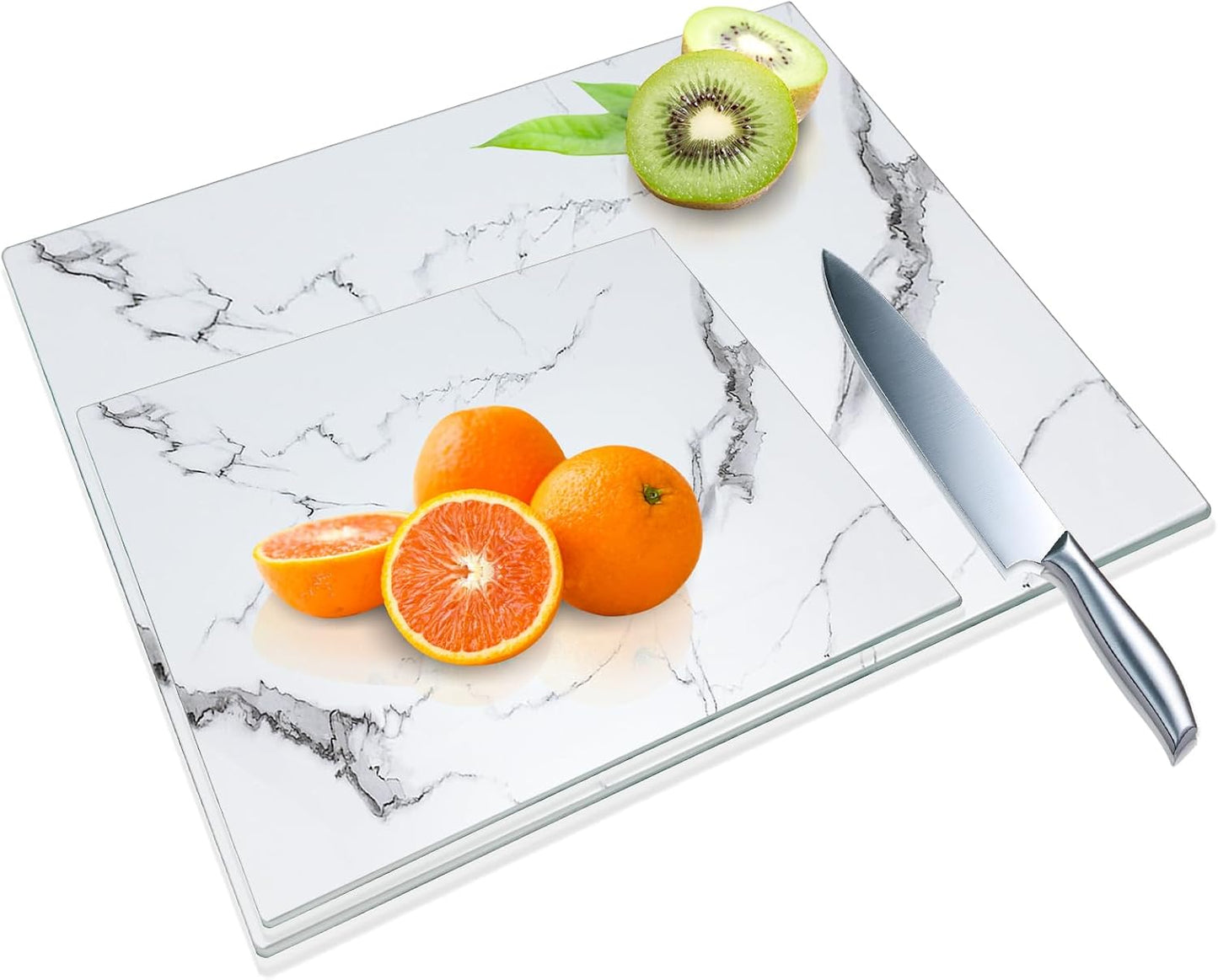 JAMBALAY Tempered Glass Cutting Boards for Kitchen, Gold 12"x8" & 16"x12" Glass Cutting Board Set with Marble Design, With Non Slip Foot, Shatter and Heat Resistant, Dishwasher Safe