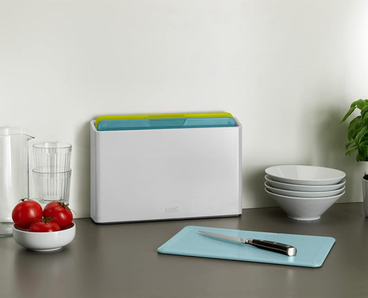 Joseph Joseph Duo 3-Piece Colour Coded Chopping Board Set with Slimline case for organised Storage, Opal