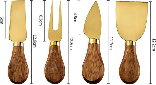 Cheese Knife Set, Stainless Steel Cheese Cutter with Wooden Handles for Charcuterie Boards, Ideal Hostess Gift for Christmas, Halloween, Holidays, Birthdays, Mother's Day,Weddings (Acacia Wood-Gold)