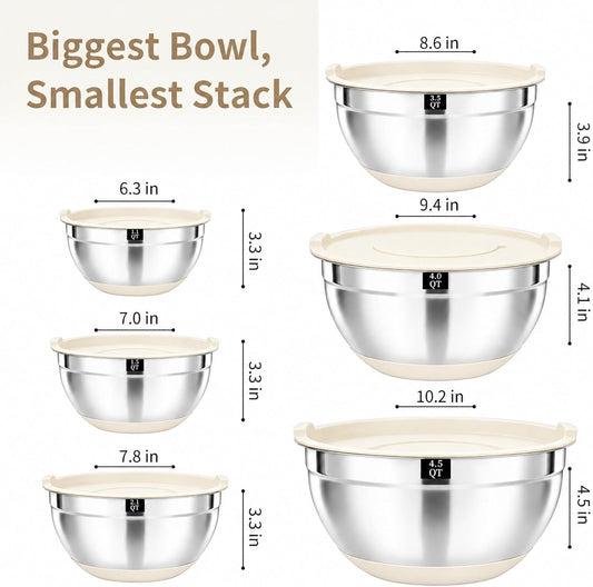 21 PCS Khaki Mixing Bowls with Lids Set, Size 4.5, 4, 3.5, 2.1, 1.5, 1.1 Quarts for Baking and Mixing, Stainless Steel Bowls with Non-Slip Base and Grater Attachments