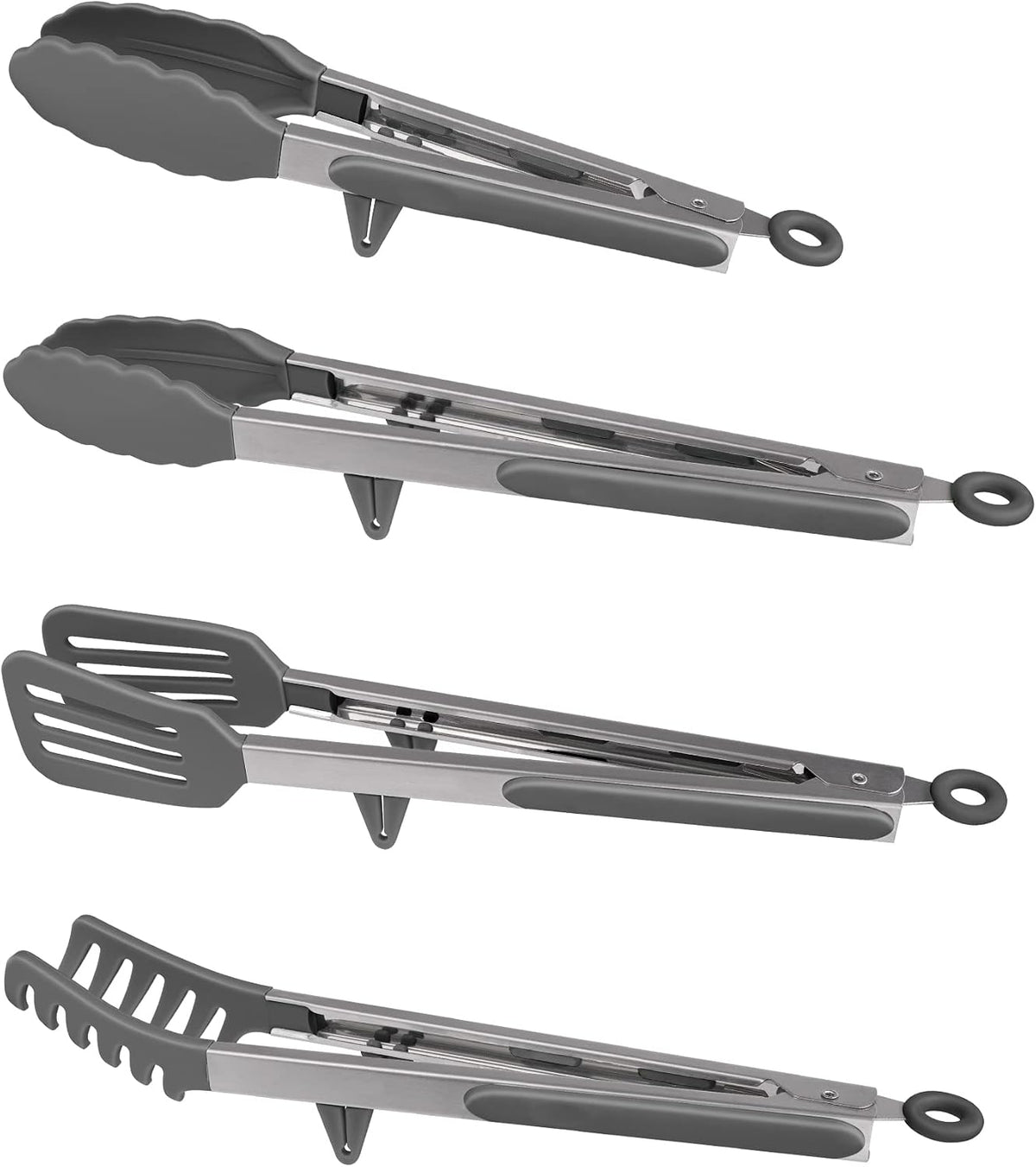 4in1 Stainless Steel Kitchen Food Tongs Set for Cooking with BPA Free Silicone Tips, Toaster Steak Pie Pizza Pasta Spaghetti Noodles Salad Fruit Vegetable Grill BBQ Buffet Clamp Serving Tools Gadgets