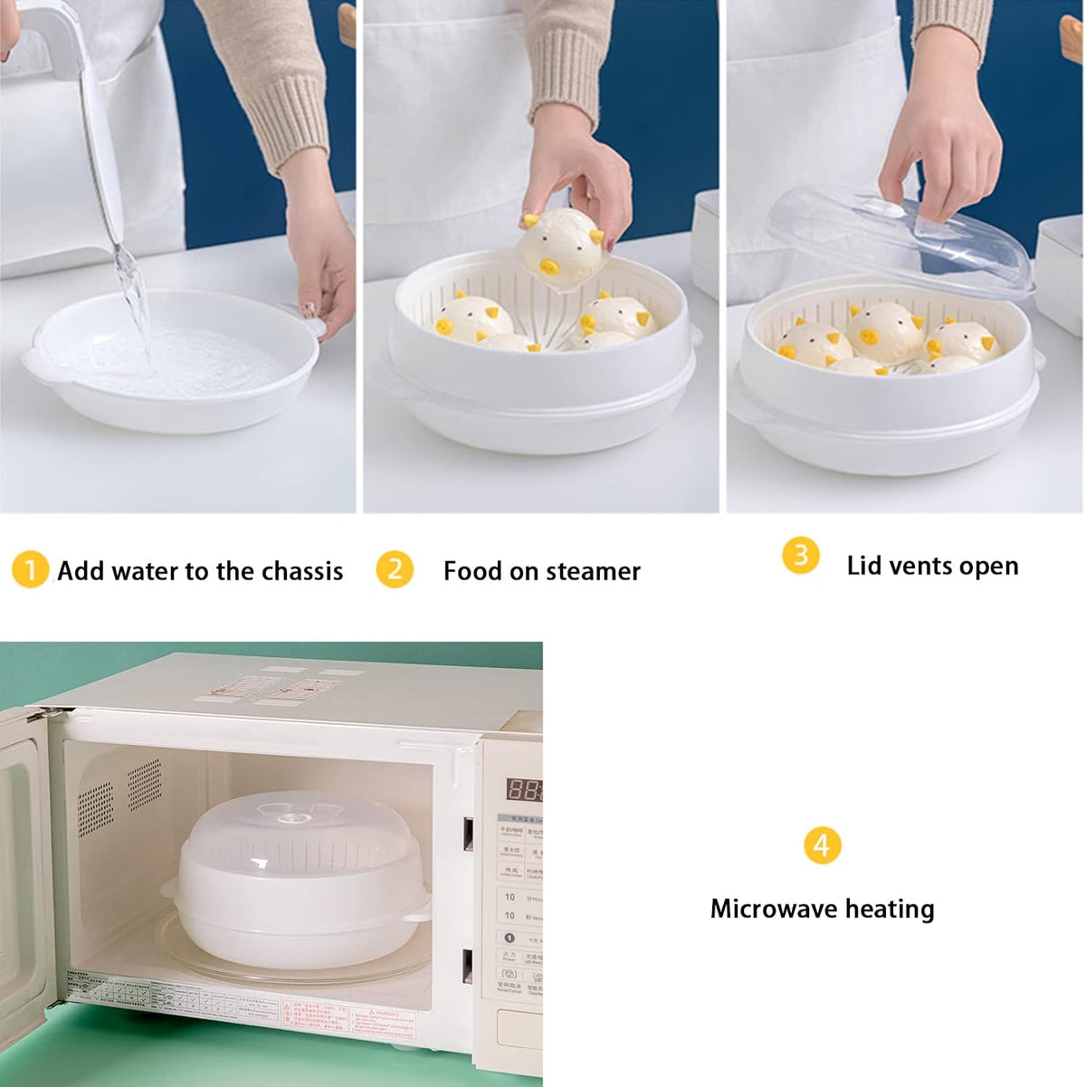 Plastic Microwave Heating Steamer with Lid and Tray (White)