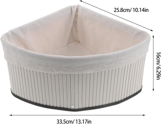 Corner Storage Basket - Bamboo Woven Organizer with Liner - Woven Pantry Basket for Shelves - Triangle Storage Bin for Kitchen, Bathroom and Bedroom (White)
