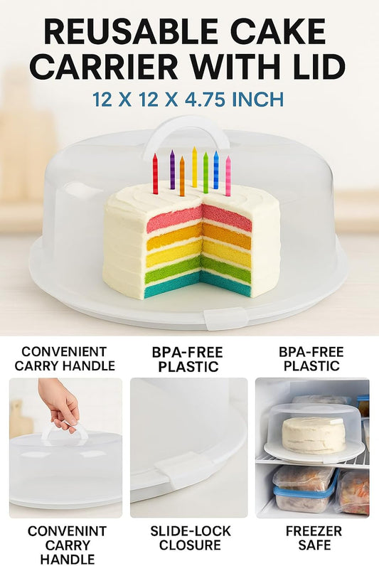 Reusable Cake Carrier with Lid – 12 x 12 x 4.75 Inch BPA-Free Plastic Container with Handle – Fits 10-Inch Round Cakes – Freezer Safe, Lightweight, Clear Cake Holder for Storage & Transport