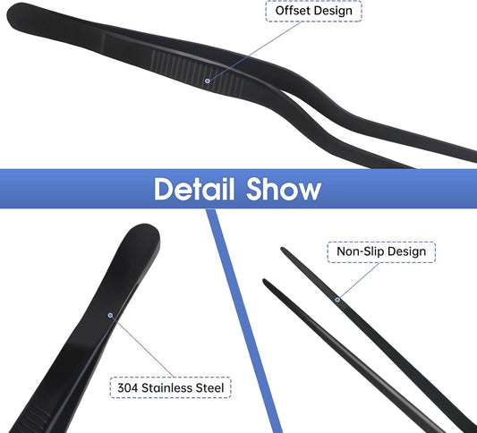 8-Inch Plating Tweezers Culinary Kitchen Tweezer Stainless Steel, Black Offset Tweezers for Cooking Food Design (8-Inch Offset Design)