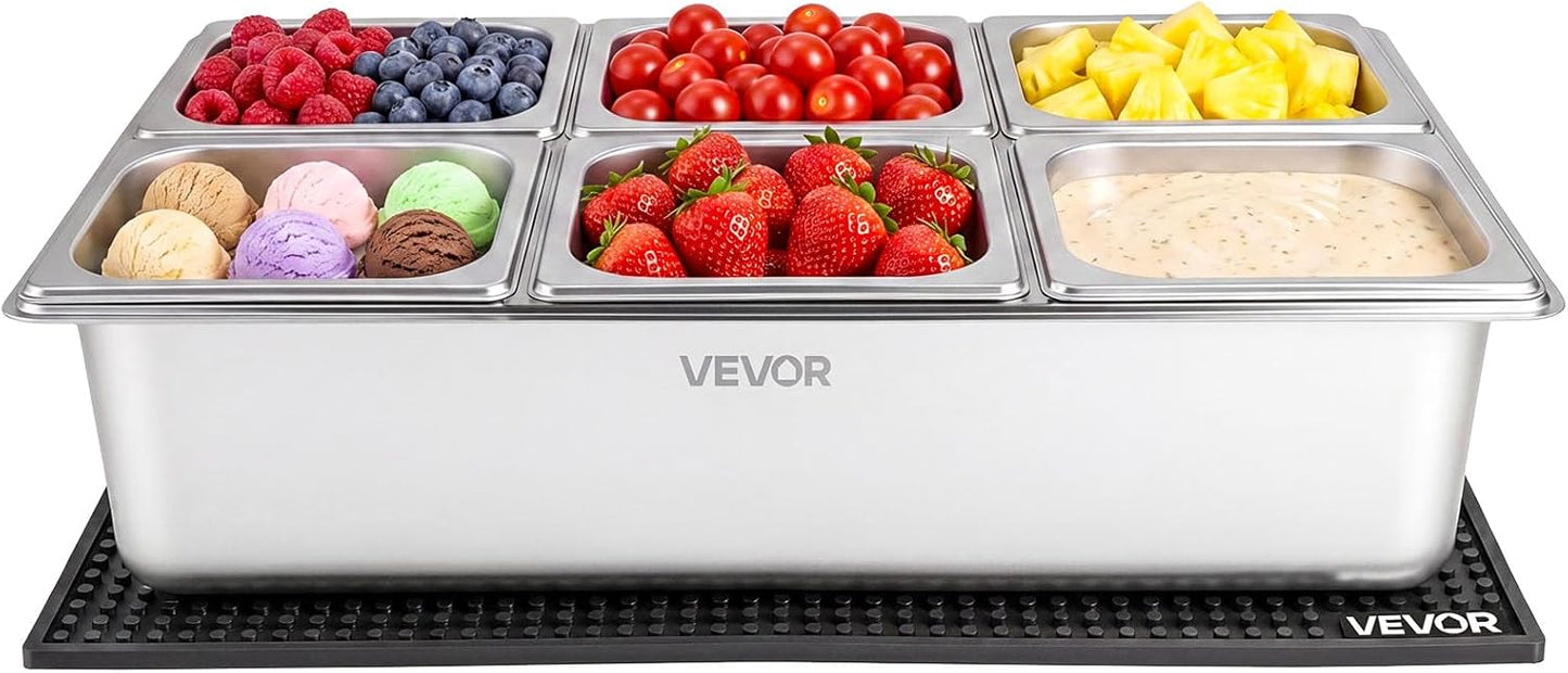 VEVOR Chilled Condiment Server Caddy, 5 Compartment Ice Cooled Serving Container, Plastic Fruit Garnish Tray Platter with Lid, for Taco Salad Bar Accessories, Party Home Restaurant Supplies