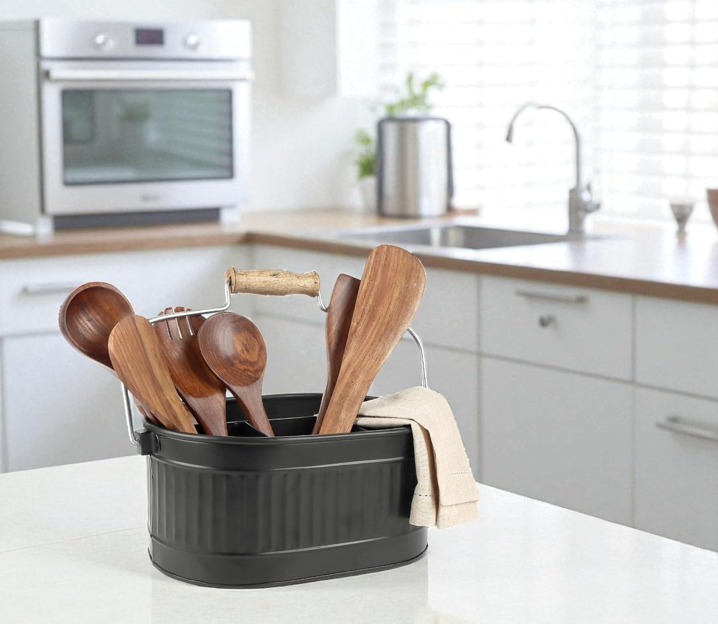 CLEENTABLE Rustic Galvanized Utensil Caddy - Farmhouse Silverware Holder for Kitchen, Dining, Picnic, Parties - Durable Cutlery Organizer with Handle, Countertop Storage (Black)