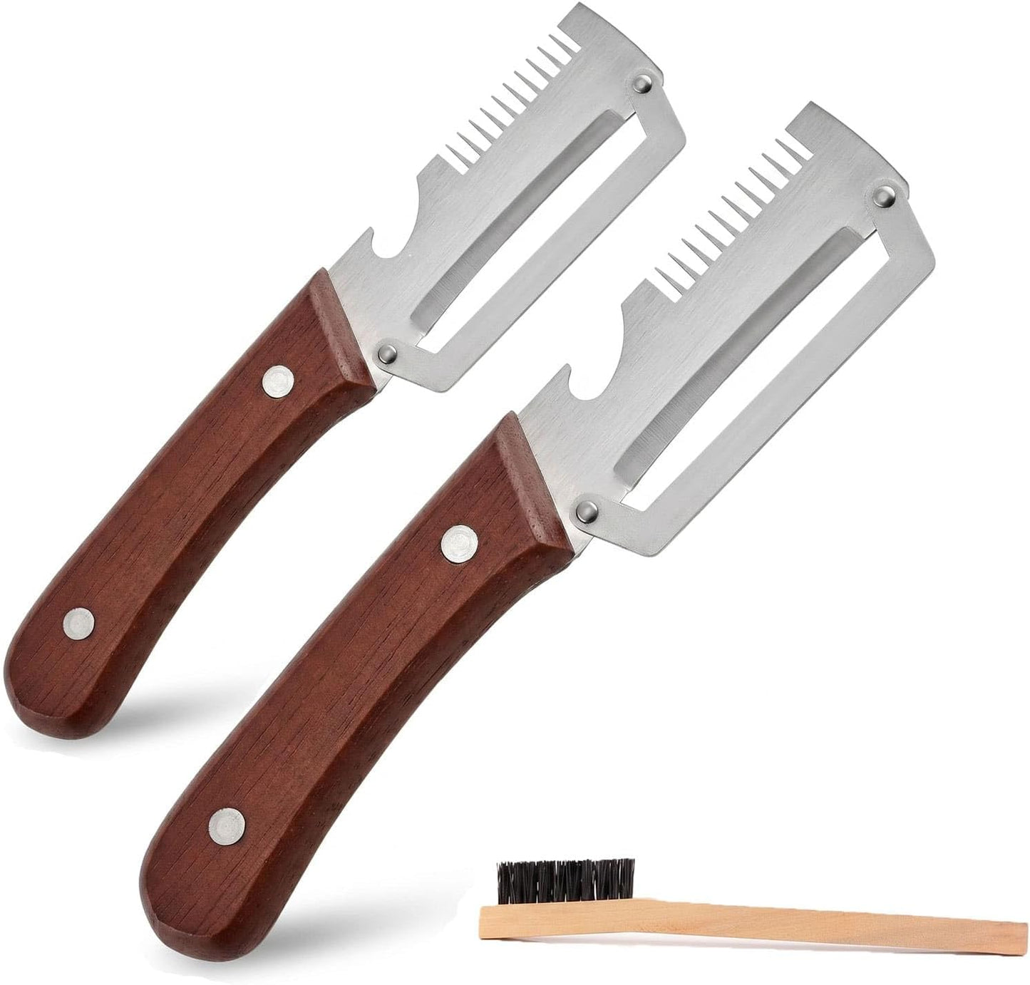 3-in-1 Stainless Steel Vegetable Peeler and Julienne Shredder | Wood handle, built-in bottle opener, cleaning brush included; compact tool for cooking, BBQ, camping, and meal prep.