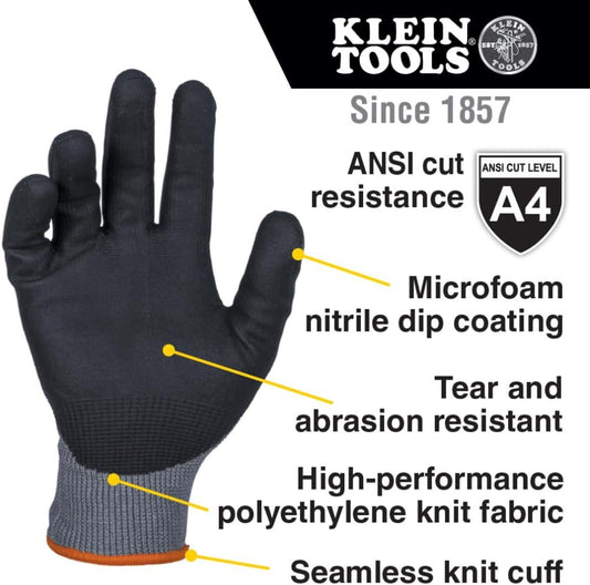 Klein Tools 60588 Work Gloves, Knit Dipped Cut Resistant ANSI A4 Nitrile Coated Gloves, HPPE Fabric, Touchscreen Capable, Medium, 2-Pair