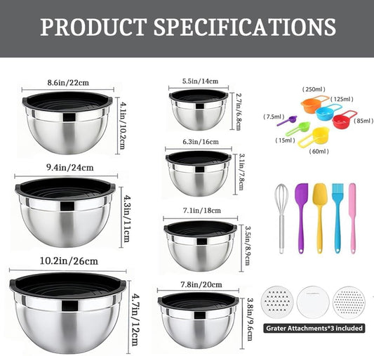 Mixing Bowls with Lids Set, Stainless Steel, 7 Sizes (0.7-4.5QT), with 3 Grater Attachments, Nesting, Dishwasher Safe, for Cooking, Baking and Serving (Khaki-7 Sizes)