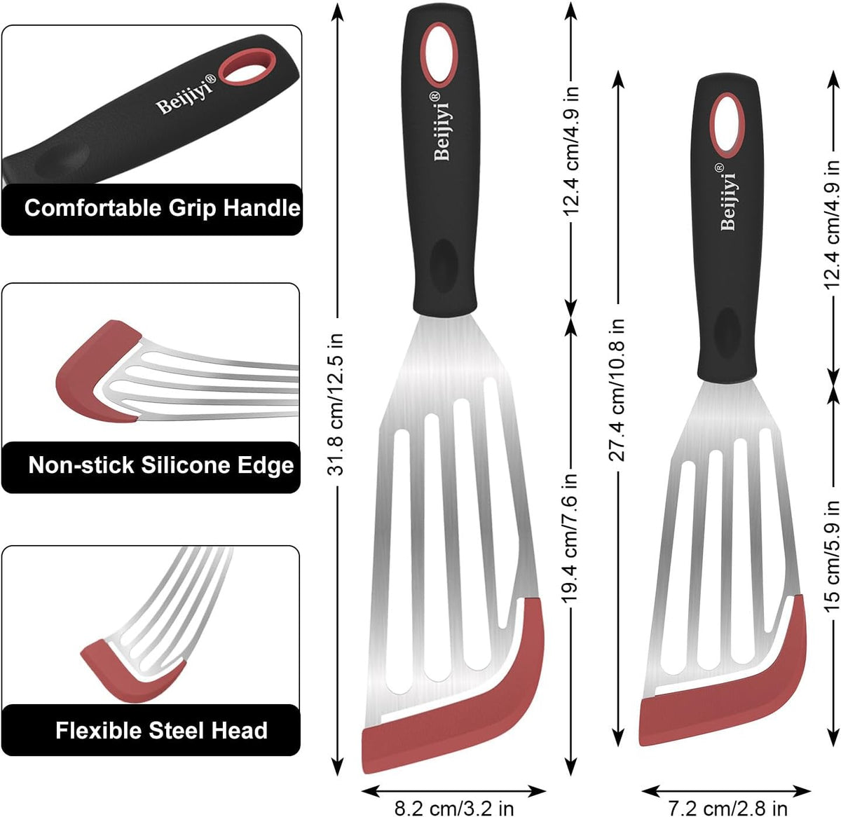 Beijiyi 2-Piece Silicone Fish Spatula for Nonstick Cookware, Heat Resistant | BPA Free, Flexible & Thin Edge, Scratch-Free, Slotted Turner, Kitchen Use, Cooking Flipper for Egg, Pancake, Dishwasher Safe