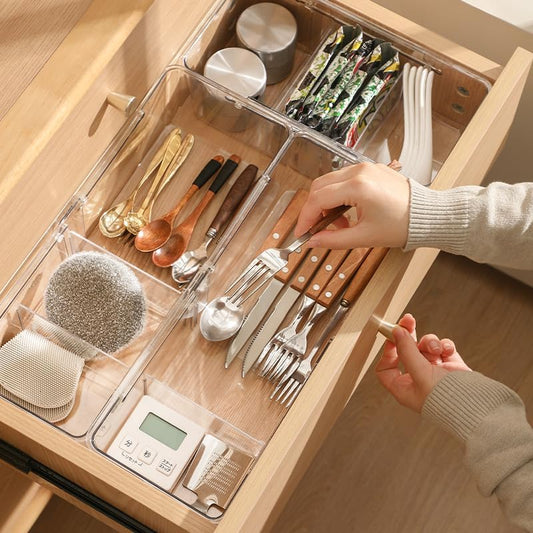 Expandable Desk Drawer Organizer Bins with Removable Dividers, Clear & Durable BPA-Free PET Plastic, for Vanity, Kitchen, Bathroom, Office, and Bedroom Storage, 3-Pack