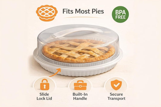 2 Plastic Pie Carriers with Lids – Fits 10 Inch Pie, Clear Dome with White Fluted Base, Lightweight Freezer Safe Slide Lock Lid with Handle for Storage & Transport