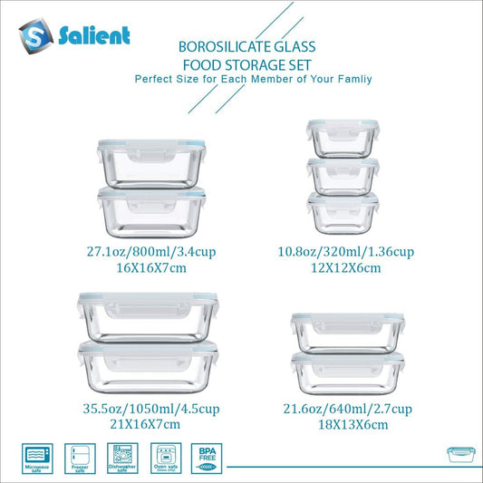 S SALIENT 18 Pieces Glass Food Storage Containers with Lids,Airtight Glass Meal Prep Containers,Glass Storage Containers Set for Kitchen,Pantry BPA Free & Leak Proof (9 lids & 9 Containers)