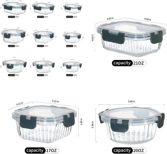 12-Piece Vertical Stripe Borosilicate Glass Food Storage Containers with Lids, Glass Meal Prep Containers, Leak-Proof Snap-Lock Sealed, BPA-Free, 10-35 oz Capacity (Large)