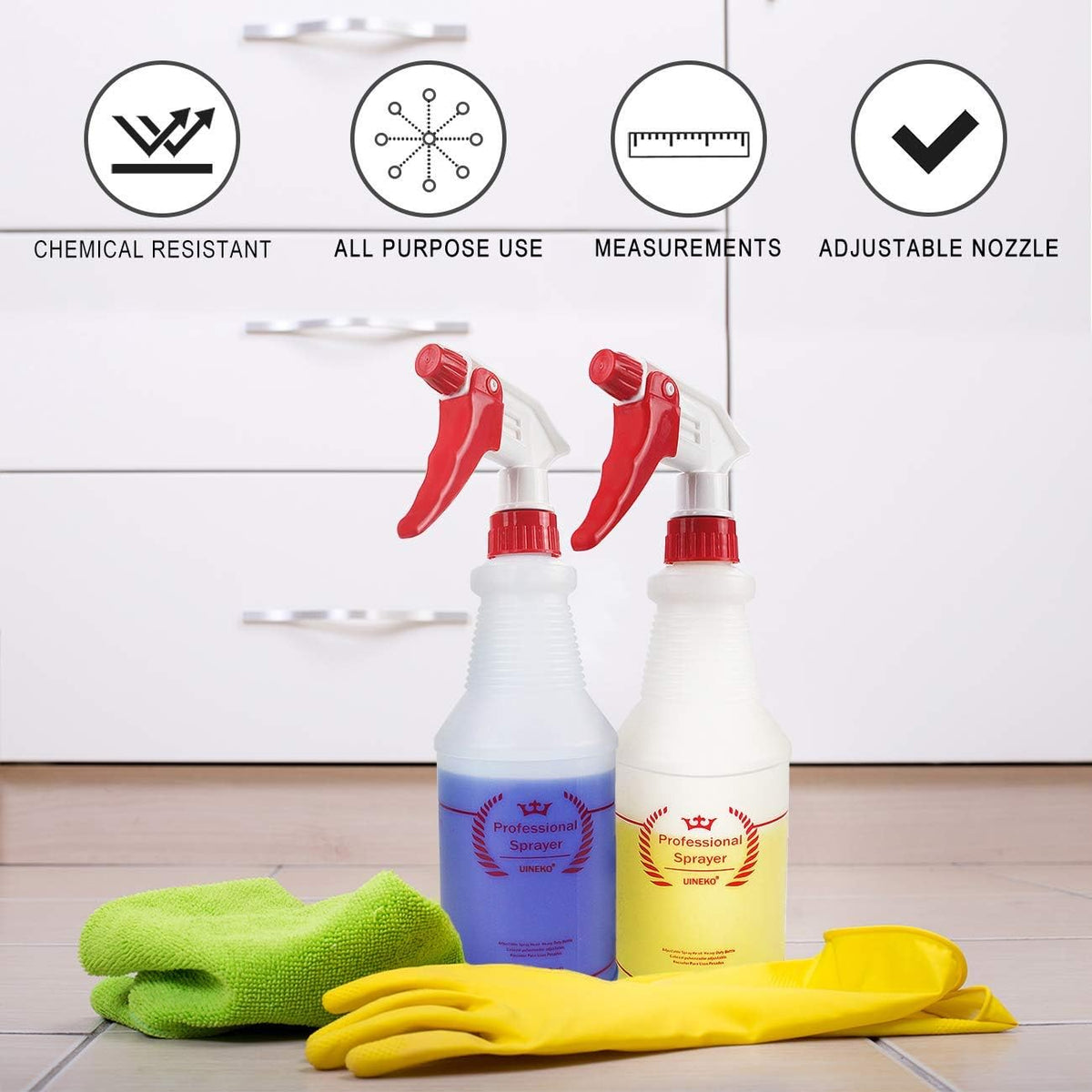 Uineko Empty Spray Bottles, Heavy Duty Sprayer, Mist & Stream, 4 Pack 24 Oz