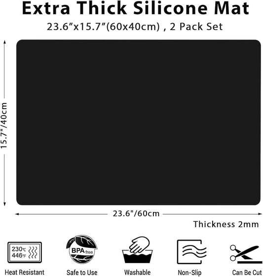2Pack Large Silicone Mats for Kitchen Counter, 48''x24''(120cmx60cm) Heat Resistant Mat for Kitchen Island, Waterproof Multipurpose Countertop Protector, Black