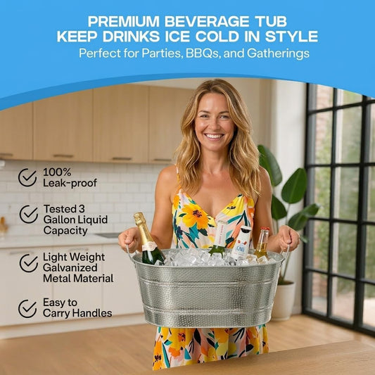 2 Pack Galvanized Tub with Handles - Beverage Tub with 2 Ice Scoops, 3 Gallon Ice Bucket for Parties, Metal Drink Buckets for Parties for Champagne Cocktails Wine Cooling for Mimosa Bar Supplies