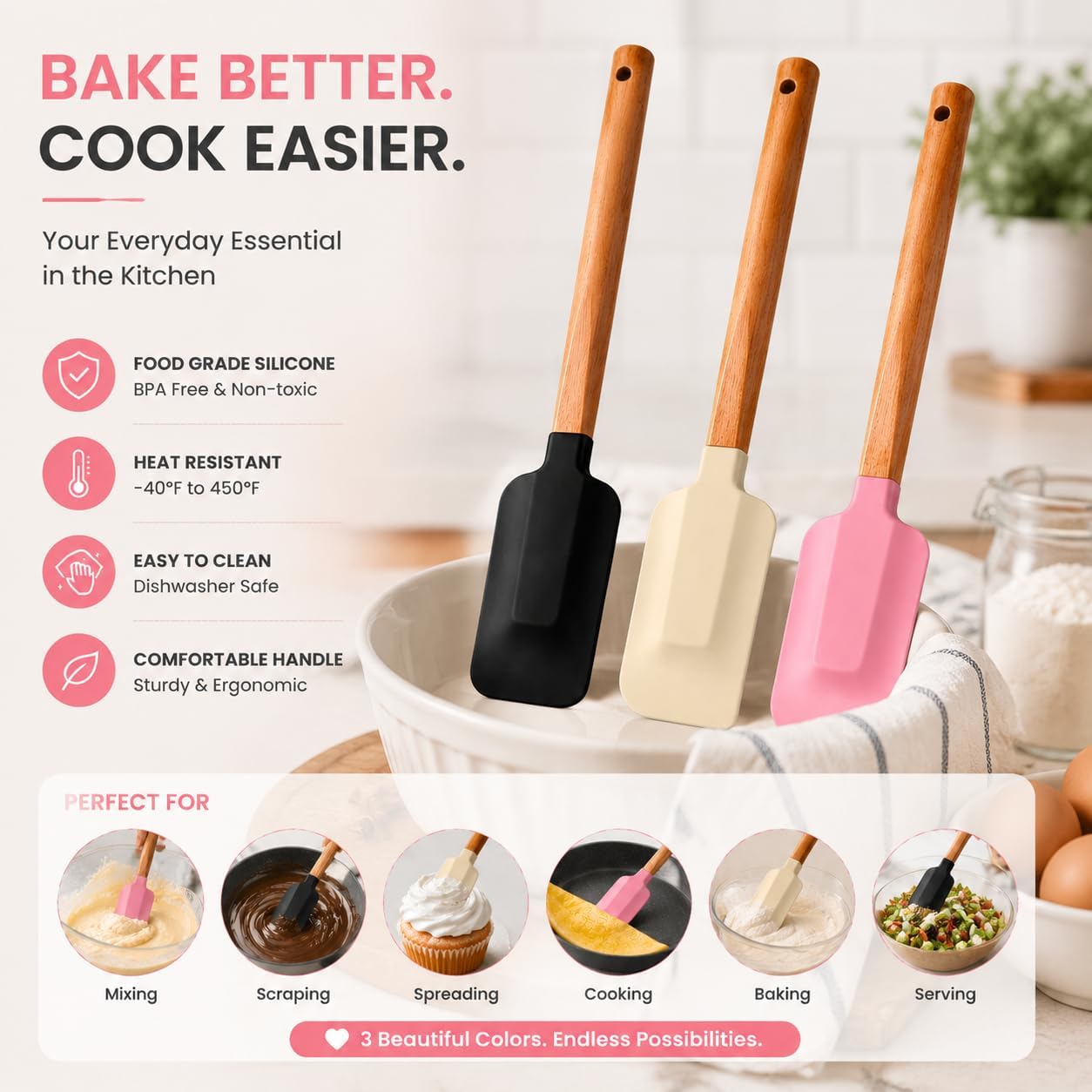 Silicone Spatula Set 3 Pieces - BPA Free&600 ° F High Temperature Resistant, Suitable for Baking, Cooking, and Stirring, Non Damaging and Non Sticky Pot Coatings
