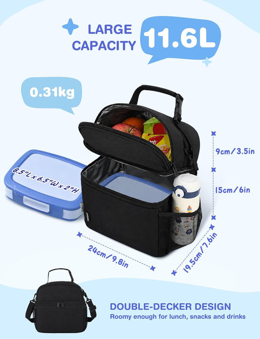 VASCHY Lunch Box Bag for Kids, Insulated Double Compartments Cooler Lunch Tote for Toddlers Boys Girls School/Daycare/Picnic Black Dinos