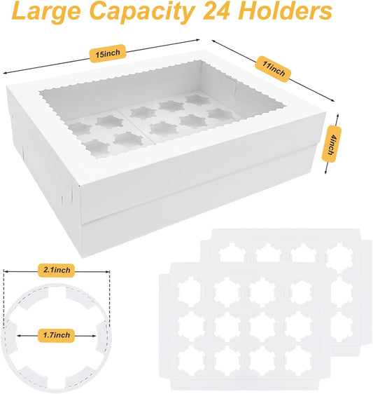 2 Pack White Mini Cupcake Boxes Holder for 24 Cupcakes, Food Grade Dessert Muffins Box Containers with Window and Inserts for Birthday Holiday Party Bakery Supplies
