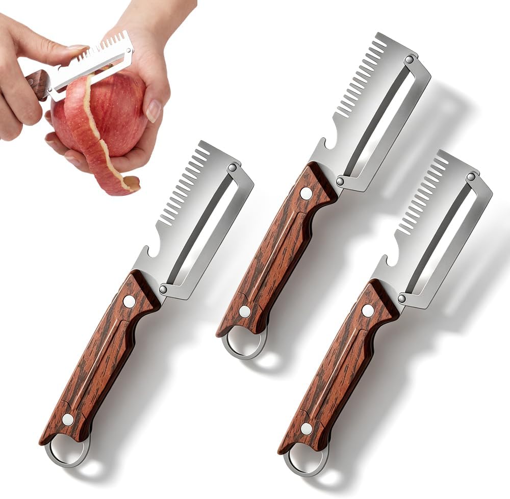 Multi-Functional Vegetable Peeler for Kitchen,3-in-1 Stainless Steel Peeler With Wooden Handle & Bottle Opener &Scallion shredder,Kitchen Gadgets For Fruit Pumpkin Peeling Potato Carrot Peeler