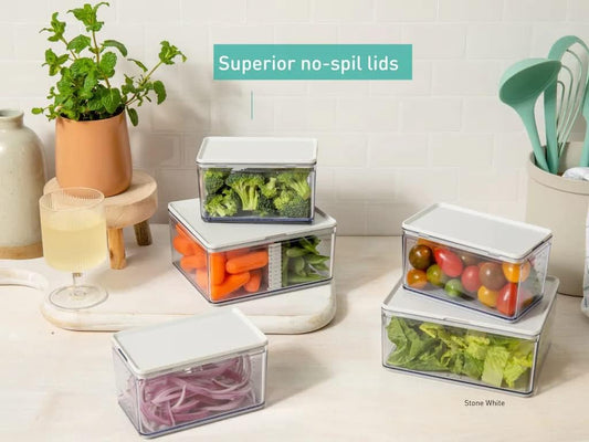 Prepdeck Food Storage Containers from 20% More Capacity - Streamlined & Stackable - Super Seal Lids - Measure in ml, oz & Cups - Color-Matched Grippy Silicone Foot Trim - 3 Size Options, 5 Colors