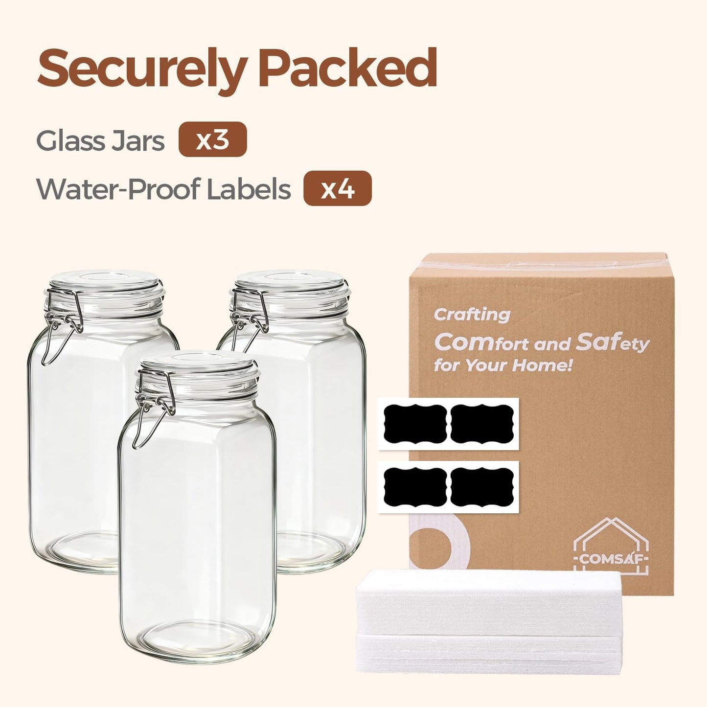 ComSaf Set of 3 Square Glass Jars with Airtight Lids (51 Oz) — Wire Clamp Canisters for Small-Batch Pickling, Kimchi, Bulk Dry Food, Wide Mouth Space Saving Kitchen Pantry Organization Jars