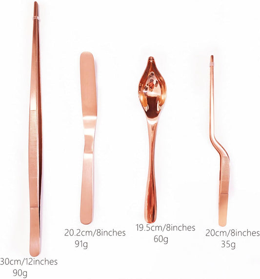 4 Pcs Stainless Steel Kitchen Chef Cooking Tweezers Precision Tongs Drawing Spoons Offset Spatula Set for Professional Chef Food Culinary Plating Decorating (Rose Golden)