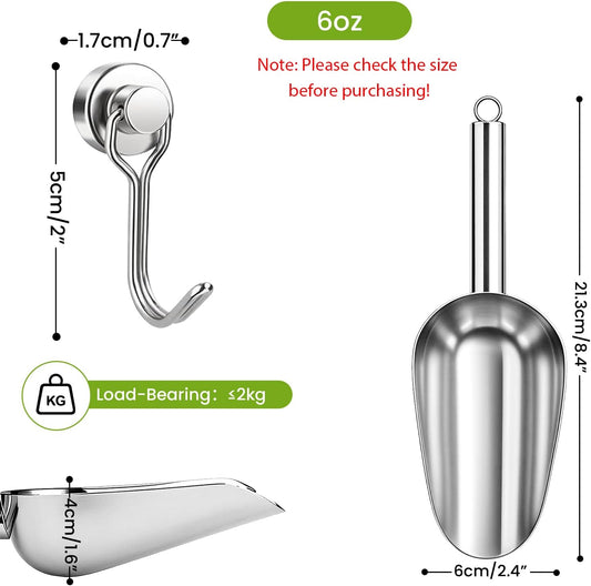 Wapodeai 6oz Stainless Steel Ice Scoop for Freezer with Magnetic Hook